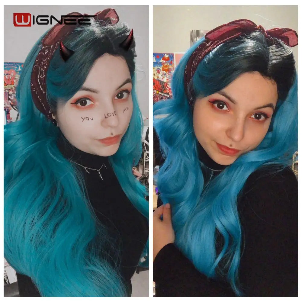 Light Blue Wig Synthetic Ombre Long Wavy Body Wave Side Part Heat Resistant Natural Hair Wigs