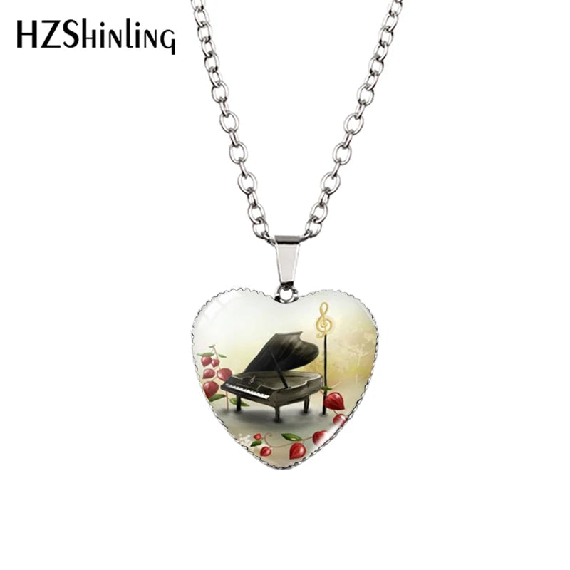 New Grand Piano Heart Necklace Music Piano Heart Pendant Black and White Piano Keys Jewelry Women Heart Shaped Necklace