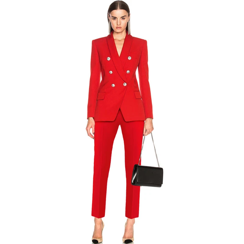 Designer Blazer Suit Set Women's Classic Shawl Collar Lion Buttons Double Breasted Blazer Pants Suit