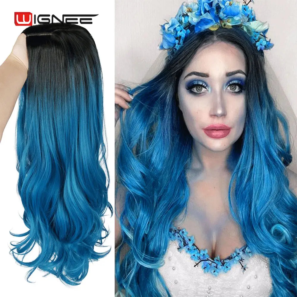Light Blue Wig Synthetic Ombre Long Wavy Body Wave Side Part Heat Resistant Natural Hair Wigs