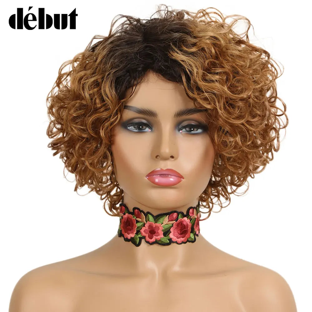 Ombre Short Curly Human Hair Wigs Remy Short Bob Wigs 100% Human Hair Cheap Pixie Cut Human Hair Full Wigs