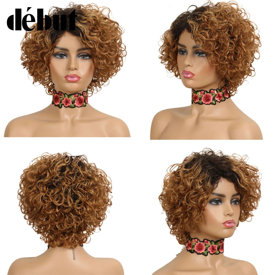 Ombre Short Curly Human Hair Wigs Remy Short Bob Wigs 100% Human Hair Cheap Pixie Cut Human Hair Full Wigs