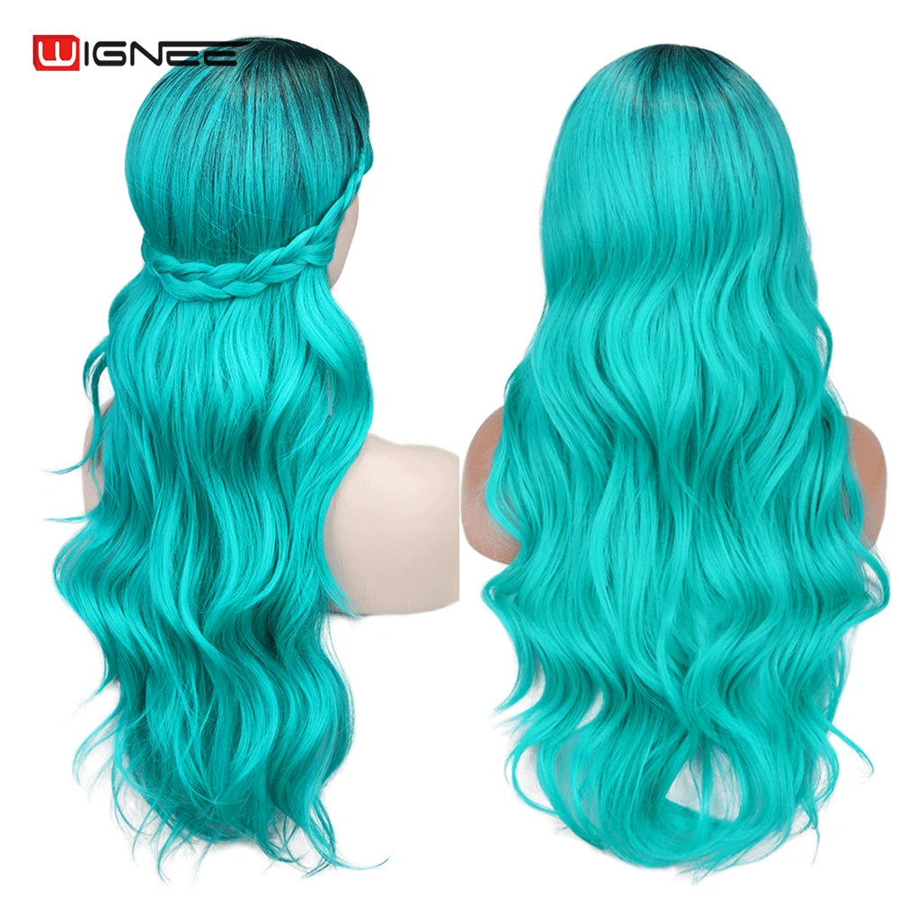 Light Blue Wig Synthetic Ombre Long Wavy Body Wave Side Part Heat Resistant Natural Hair Wigs