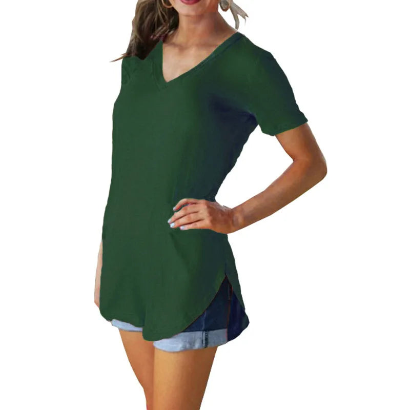 Women Summer V Neck Short Sleeve T shirt Loose T Shirts Female Plus Size Long Style Tops