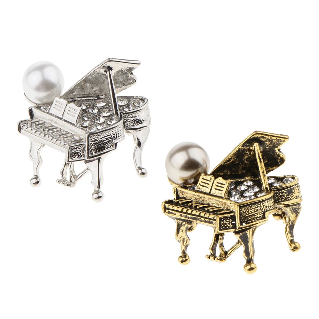 Chic Rhinestone Music Piano Brooch Lapel Pin Wedding Jewelry Antique Brass Clothes Decoration