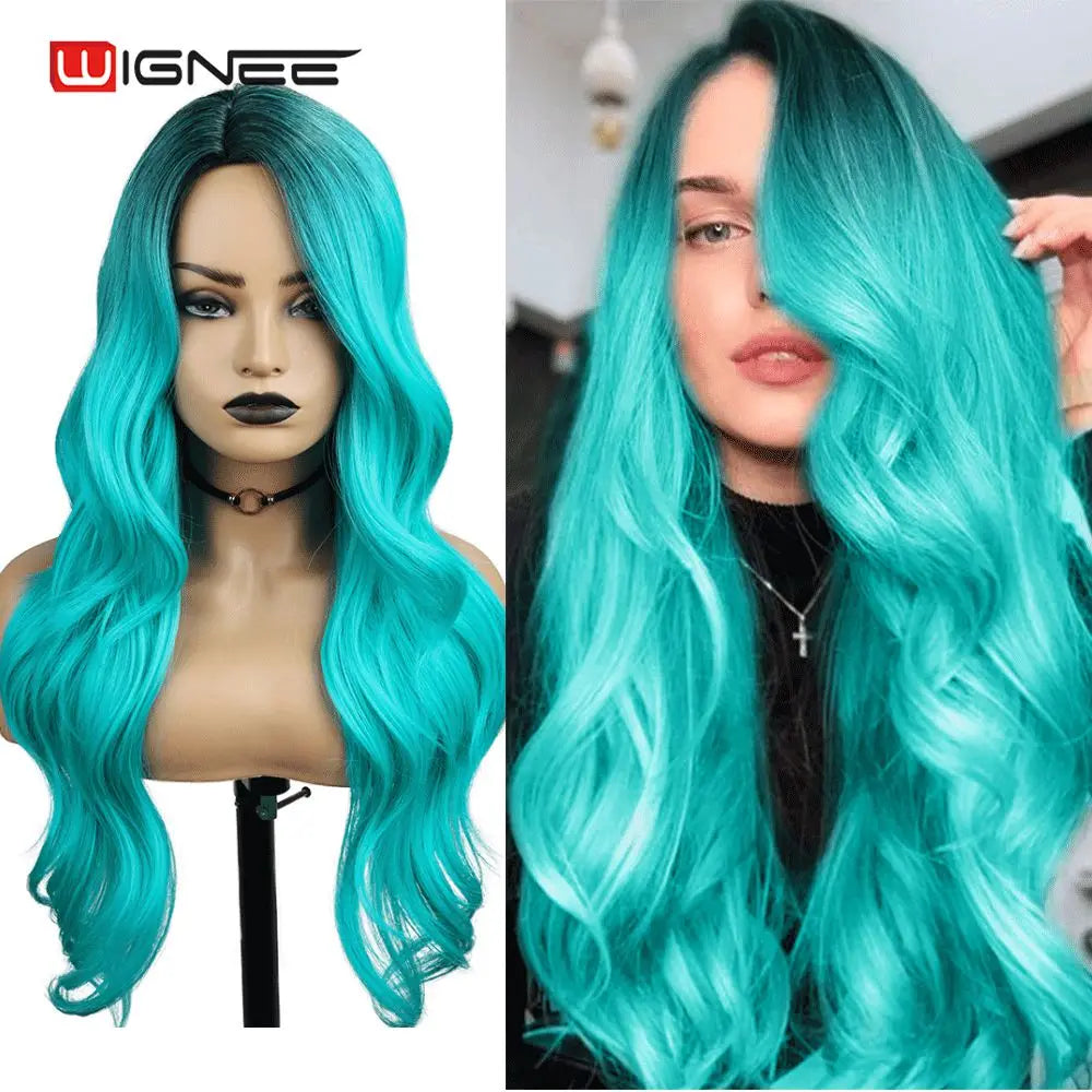 Light Blue Wig Synthetic Ombre Long Wavy Body Wave Side Part Heat Resistant Natural Hair Wigs