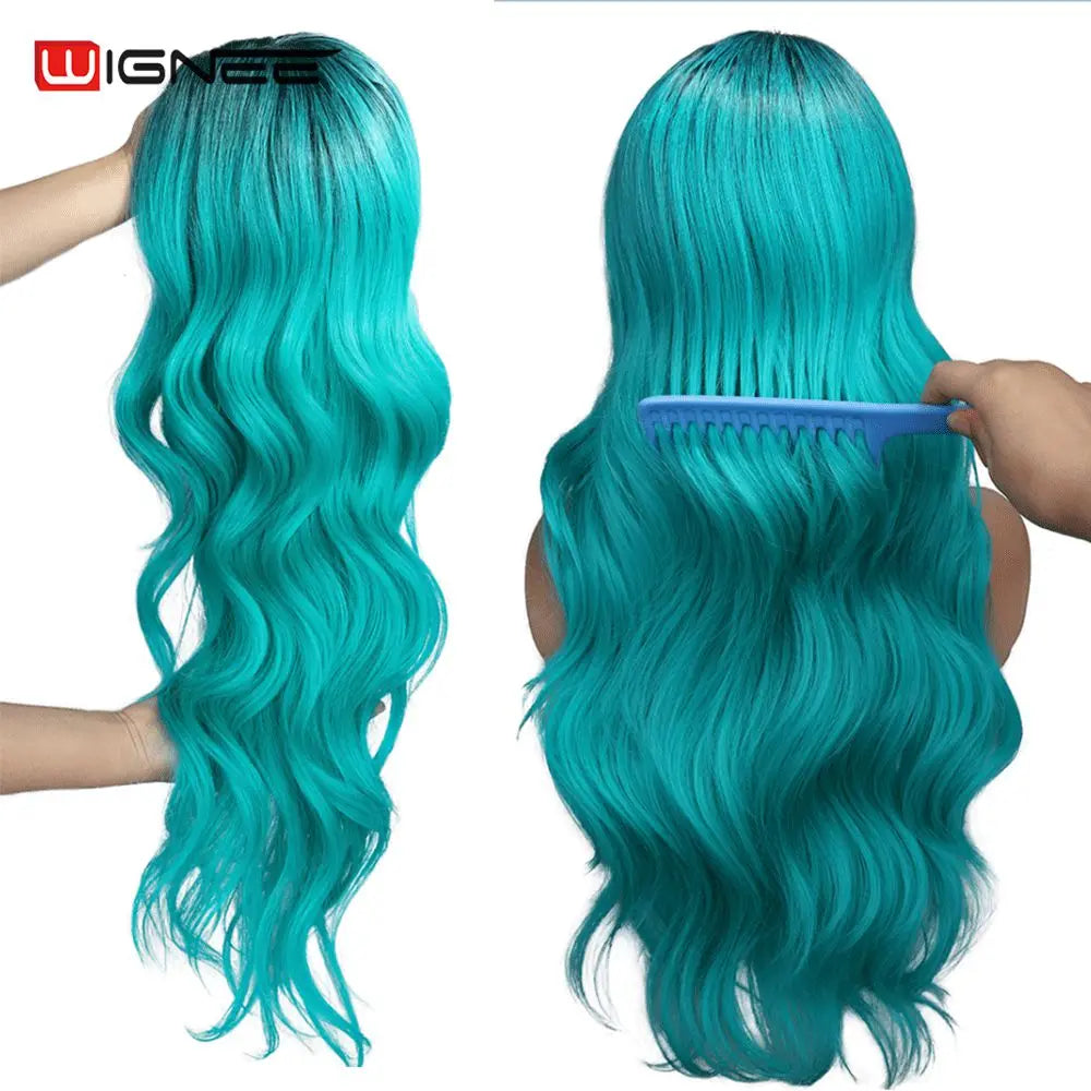 Light Blue Wig Synthetic Ombre Long Wavy Body Wave Side Part Heat Resistant Natural Hair Wigs