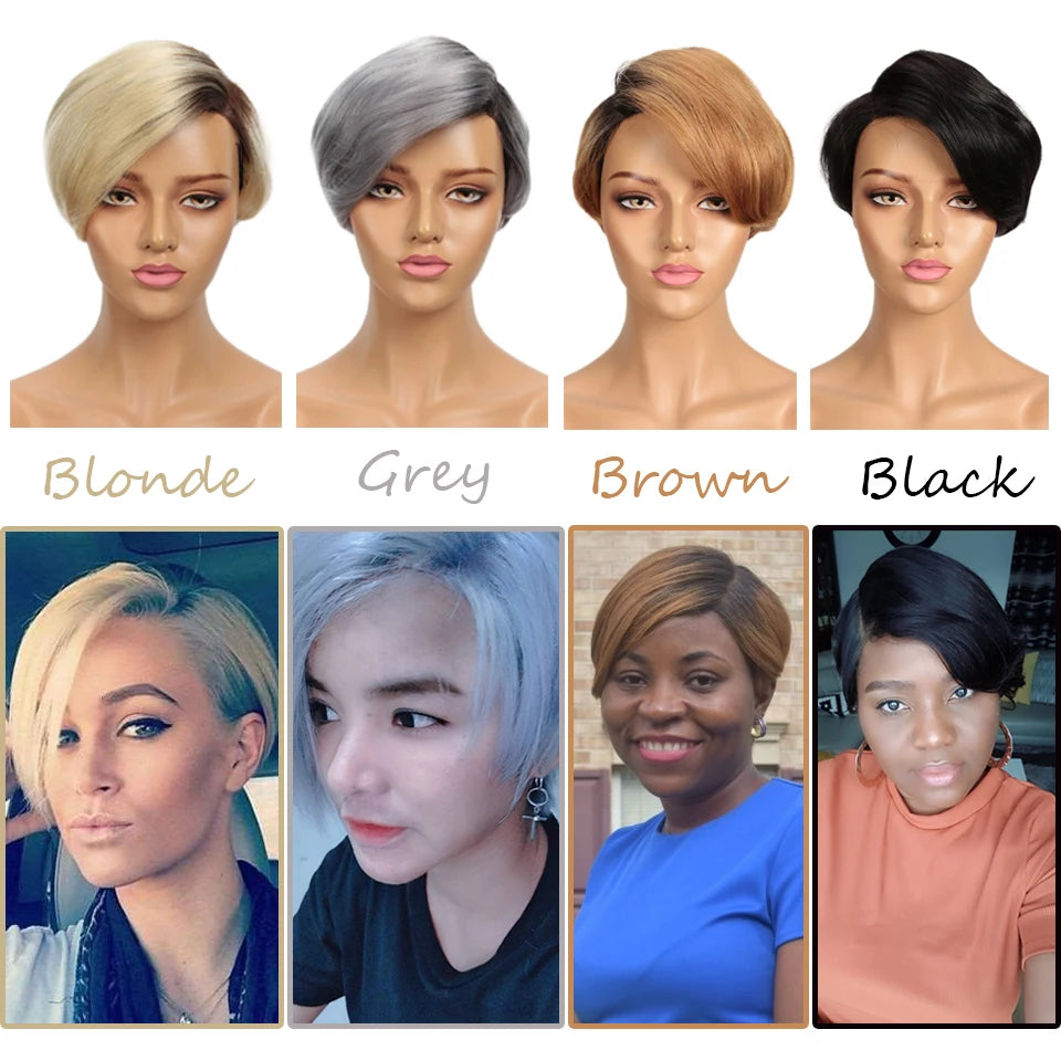Sleek Short Human Hair Wigs Remy Brazilian Hair Wigs 613 Blonde Lace Wigs L Part Pixie Cut Wig Black Short Lace Wigs