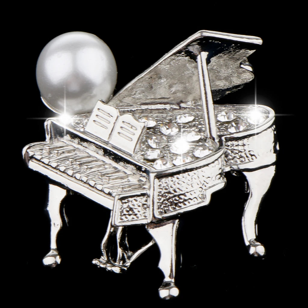 Chic Rhinestone Music Piano Brooch Lapel Pin Wedding Jewelry Antique Brass Clothes Decoration