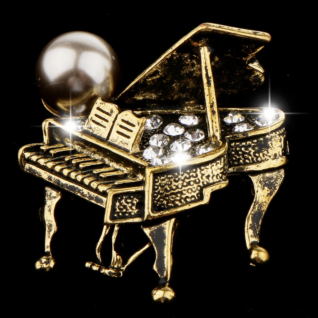 Chic Rhinestone Music Piano Brooch Lapel Pin Wedding Jewelry Antique Brass Clothes Decoration