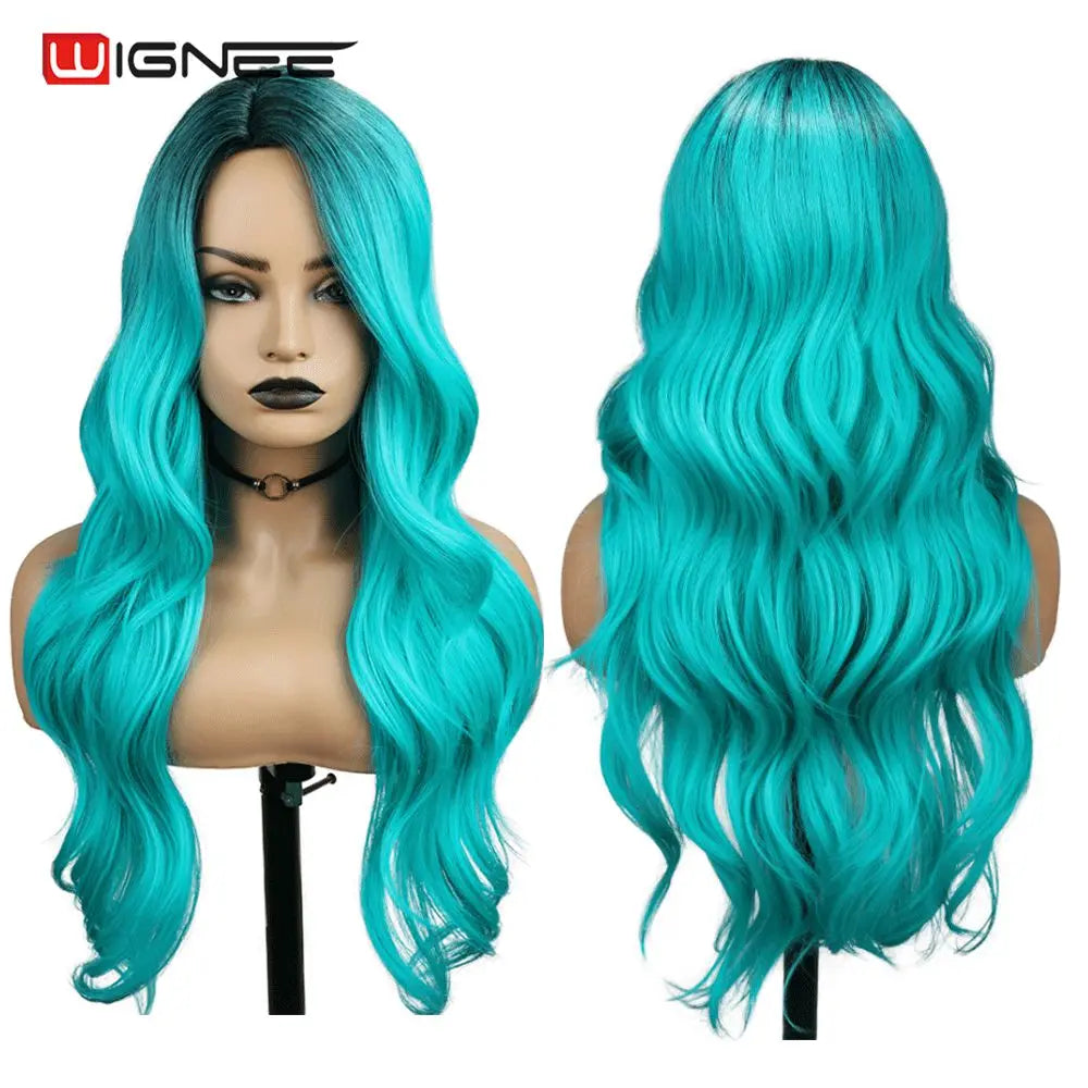 Light Blue Wig Synthetic Ombre Long Wavy Body Wave Side Part Heat Resistant Natural Hair Wigs