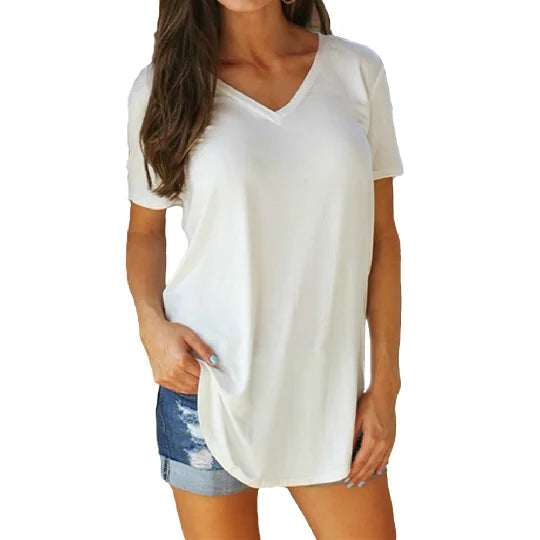 Women Summer V Neck Short Sleeve T shirt Loose T Shirts Female Plus Size Long Style Tops