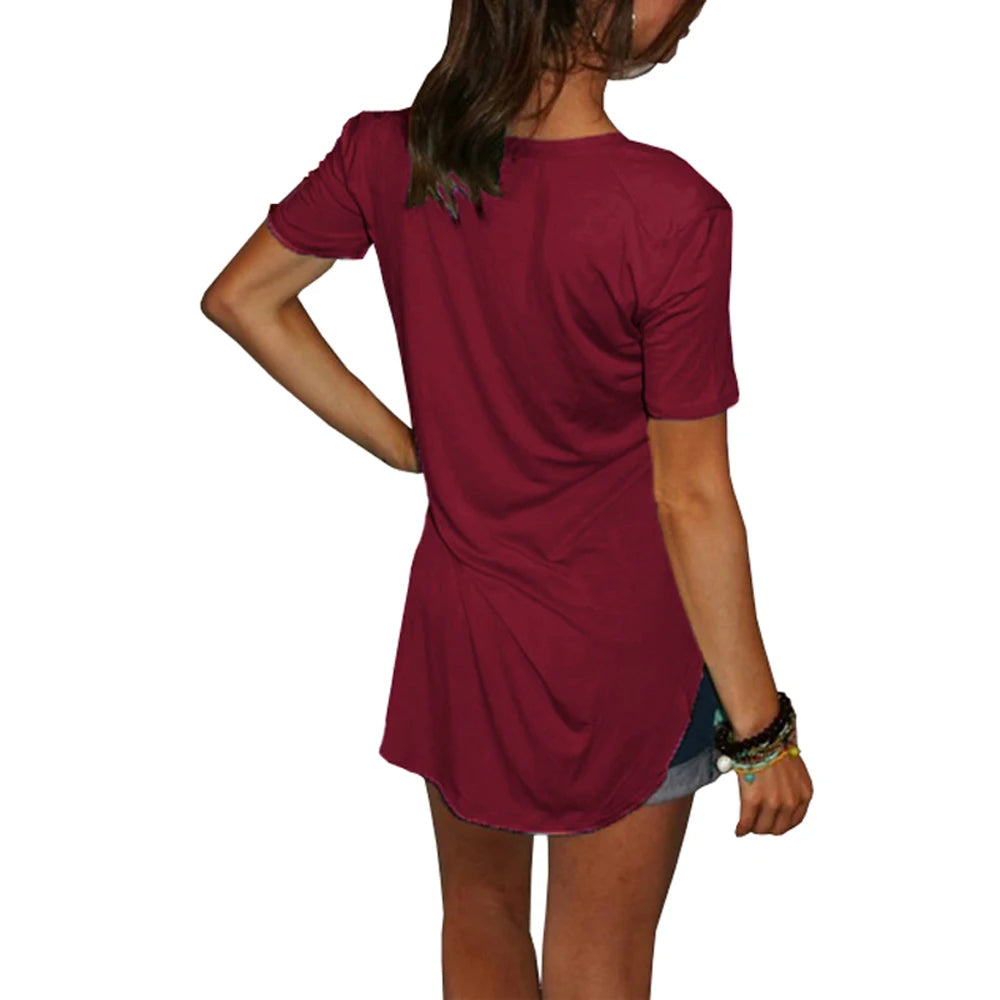 Women Summer V Neck Short Sleeve T shirt Loose T Shirts Female Plus Size Long Style Tops