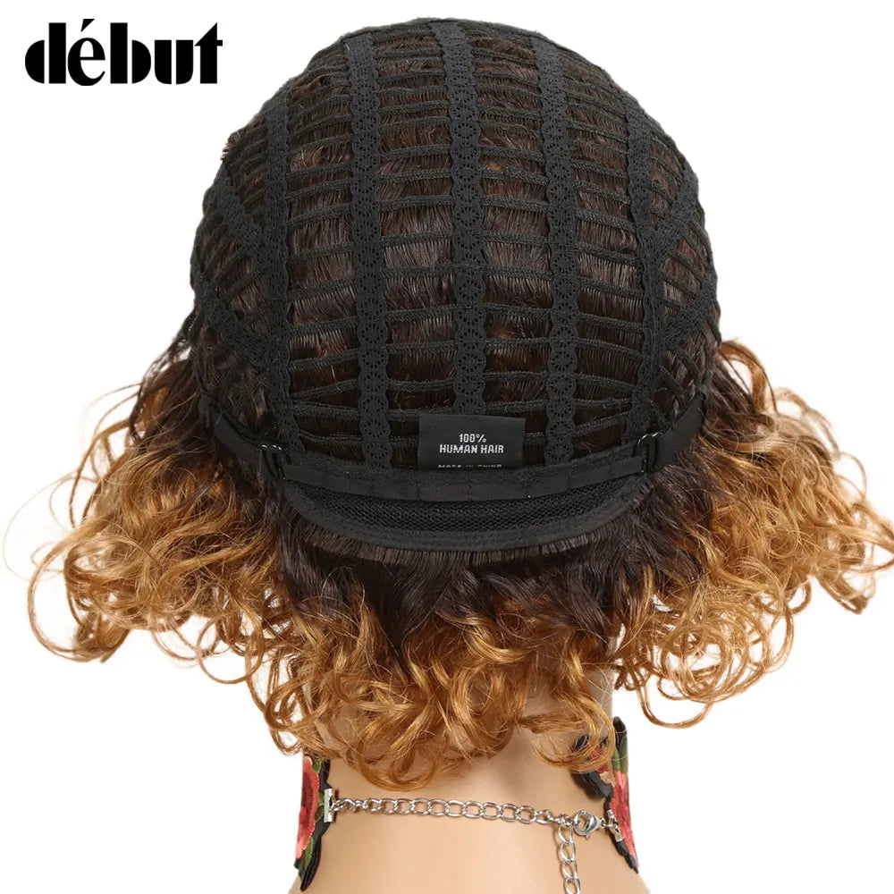 Ombre Short Curly Human Hair Wigs Remy Short Bob Wigs 100% Human Hair Cheap Pixie Cut Human Hair Full Wigs
