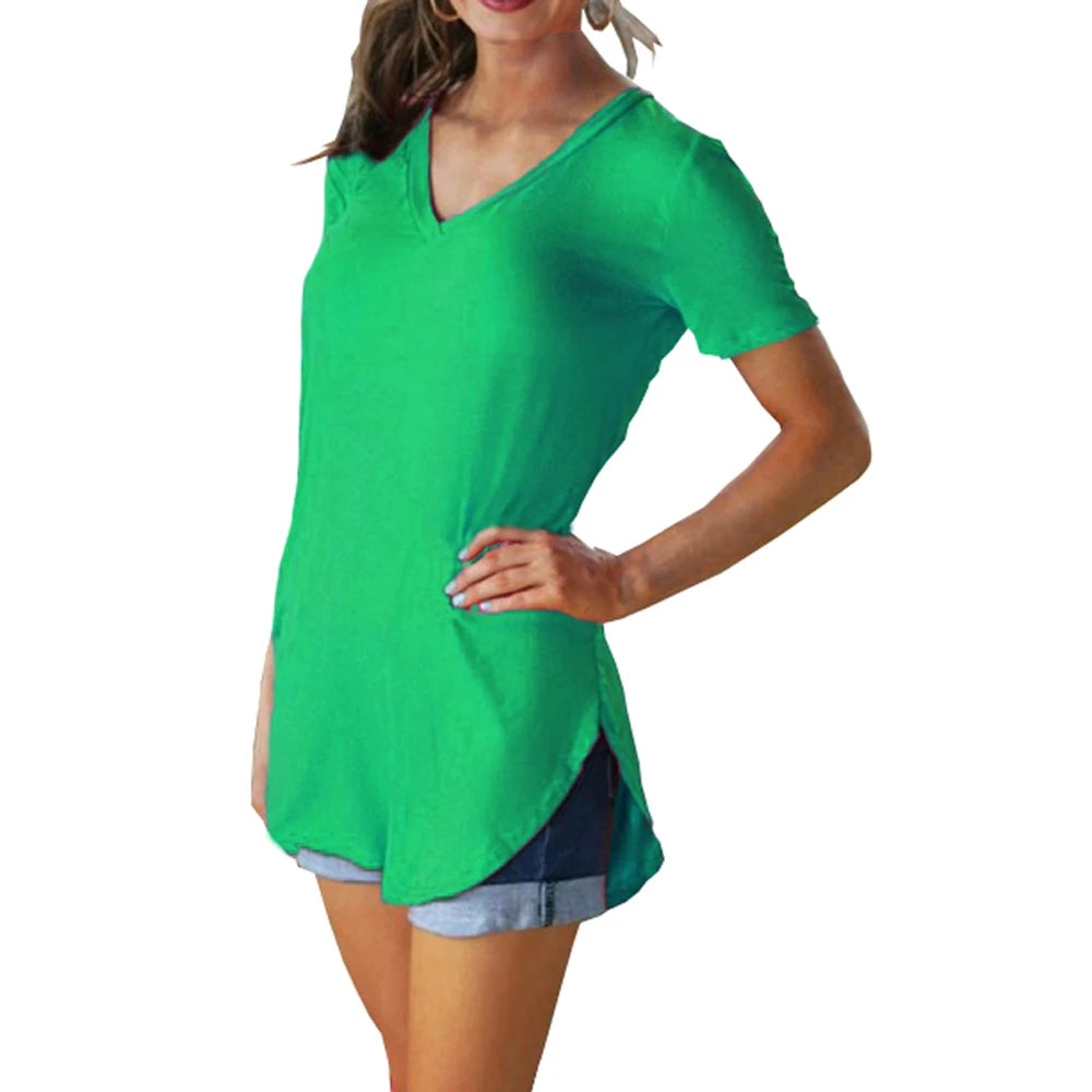 Women Summer V Neck Short Sleeve T shirt Loose T Shirts Female Plus Size Long Style Tops