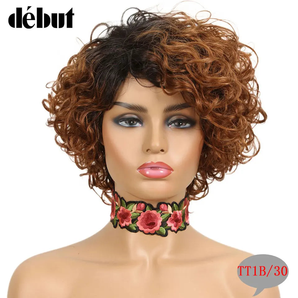 Ombre Short Curly Human Hair Wigs Remy Short Bob Wigs 100% Human Hair Cheap Pixie Cut Human Hair Full Wigs