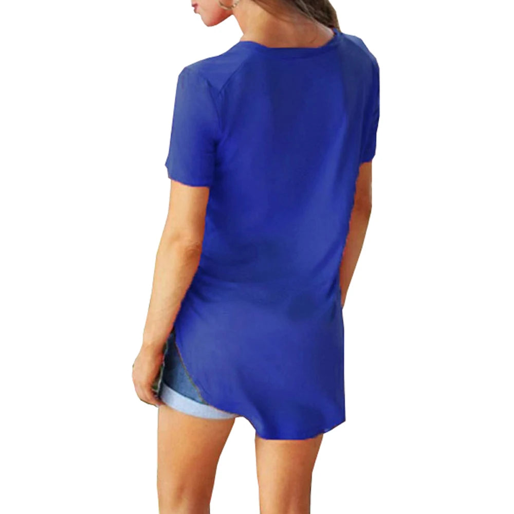 Women Summer V Neck Short Sleeve T shirt Loose T Shirts Female Plus Size Long Style Tops