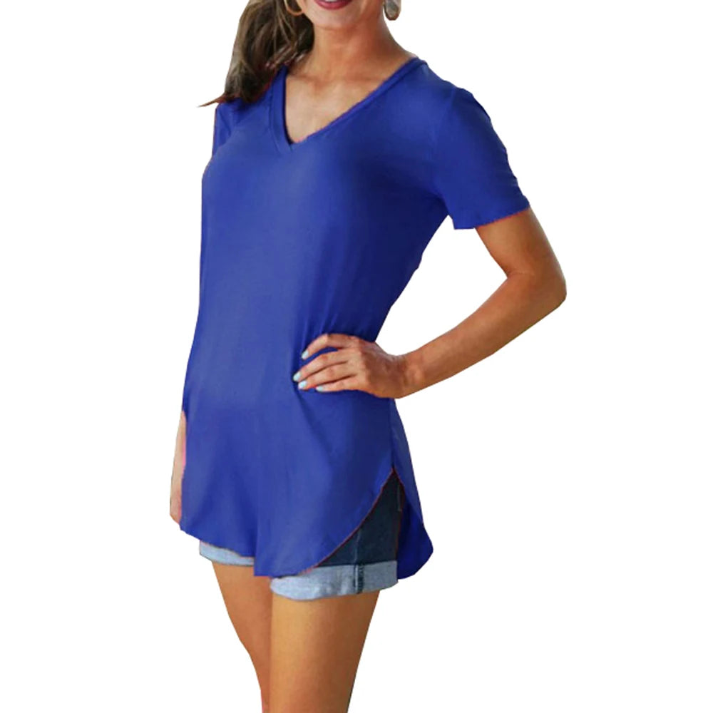 Women Summer V Neck Short Sleeve T shirt Loose T Shirts Female Plus Size Long Style Tops