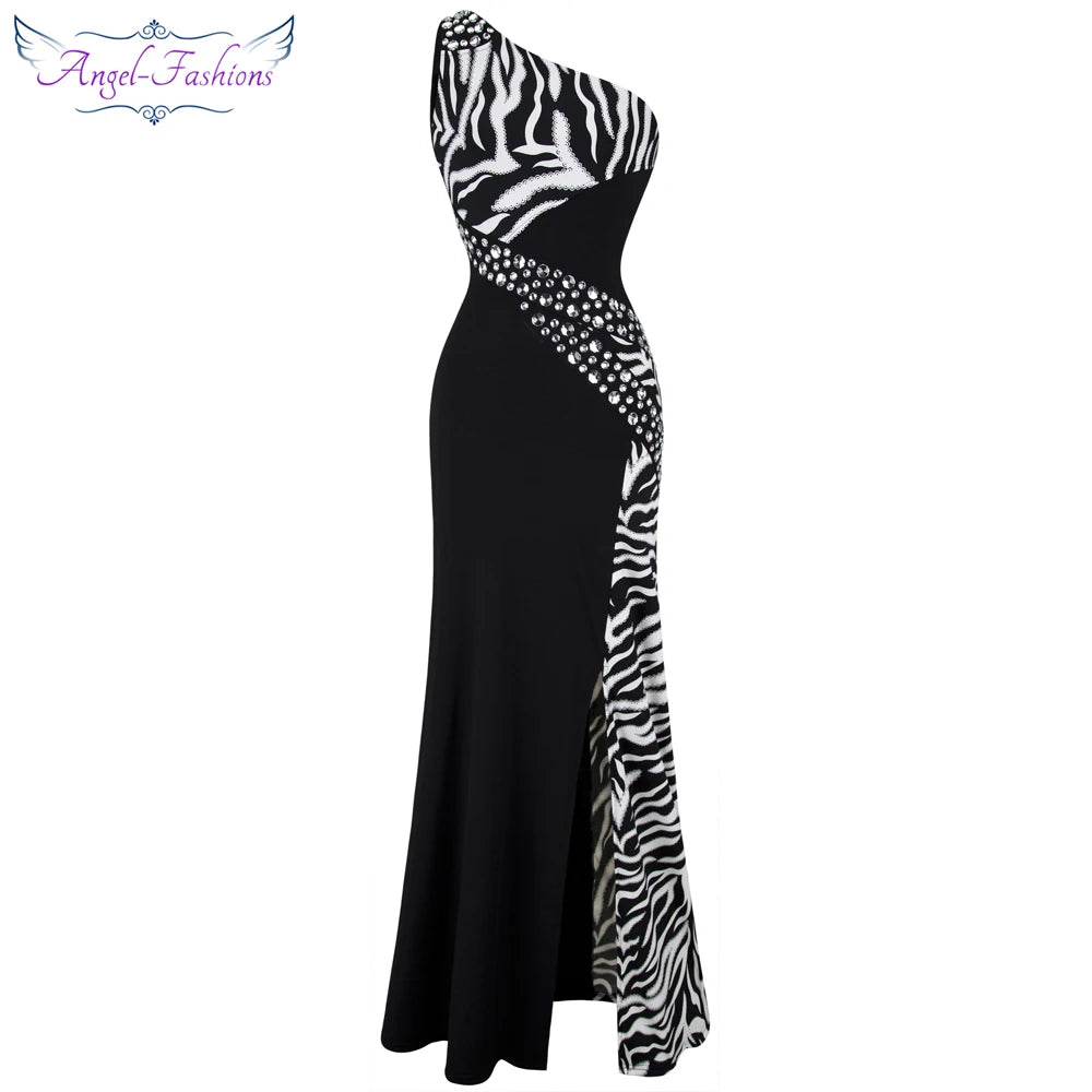 One Shoulder Zebra Gemstones Stitching Evening Dress Black Dress