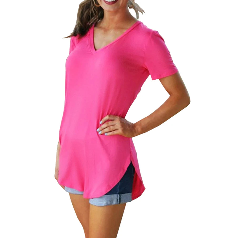 Women Summer V Neck Short Sleeve T shirt Loose T Shirts Female Plus Size Long Style Tops