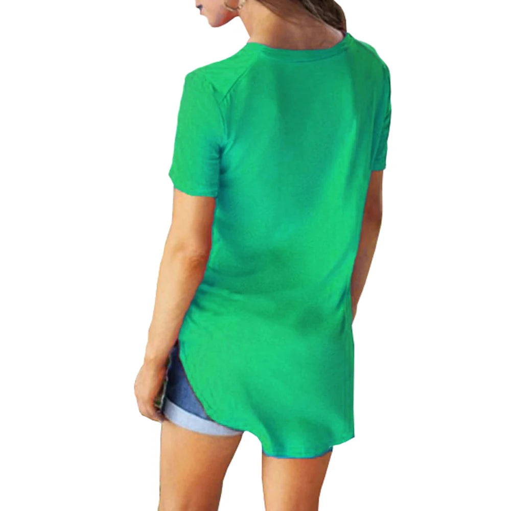 Women Summer V Neck Short Sleeve T shirt Loose T Shirts Female Plus Size Long Style Tops