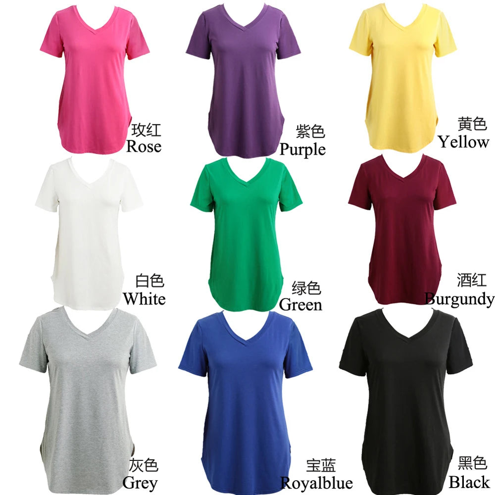 Women Summer V Neck Short Sleeve T shirt Loose T Shirts Female Plus Size Long Style Tops