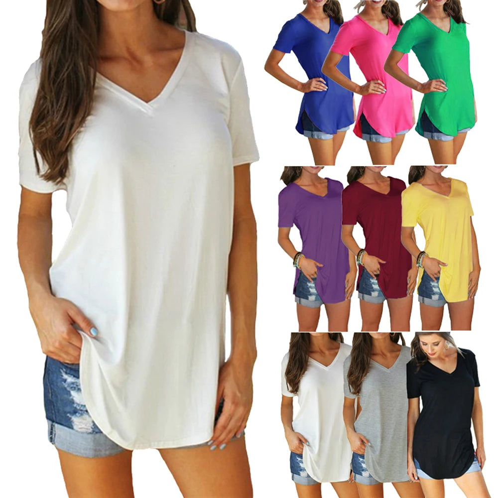 Women Summer V Neck Short Sleeve T shirt Loose T Shirts Female Plus Size Long Style Tops