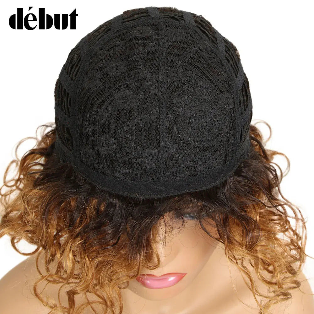 Ombre Short Curly Human Hair Wigs Remy Short Bob Wigs 100% Human Hair Cheap Pixie Cut Human Hair Full Wigs