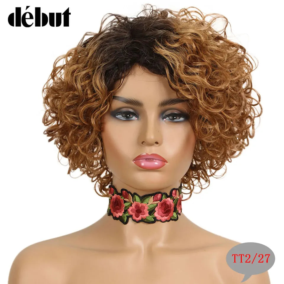 Ombre Short Curly Human Hair Wigs Remy Short Bob Wigs 100% Human Hair Cheap Pixie Cut Human Hair Full Wigs