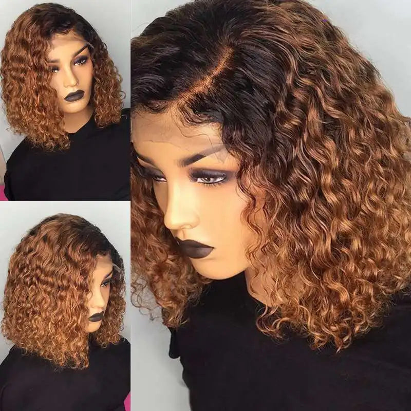 1B/27 Ombre Color Short Curly 13X6 Lace Front Human Hair Wigs With Baby Hair Pre Plucked Remy Brazilian Bob Wigs Bleached Knots