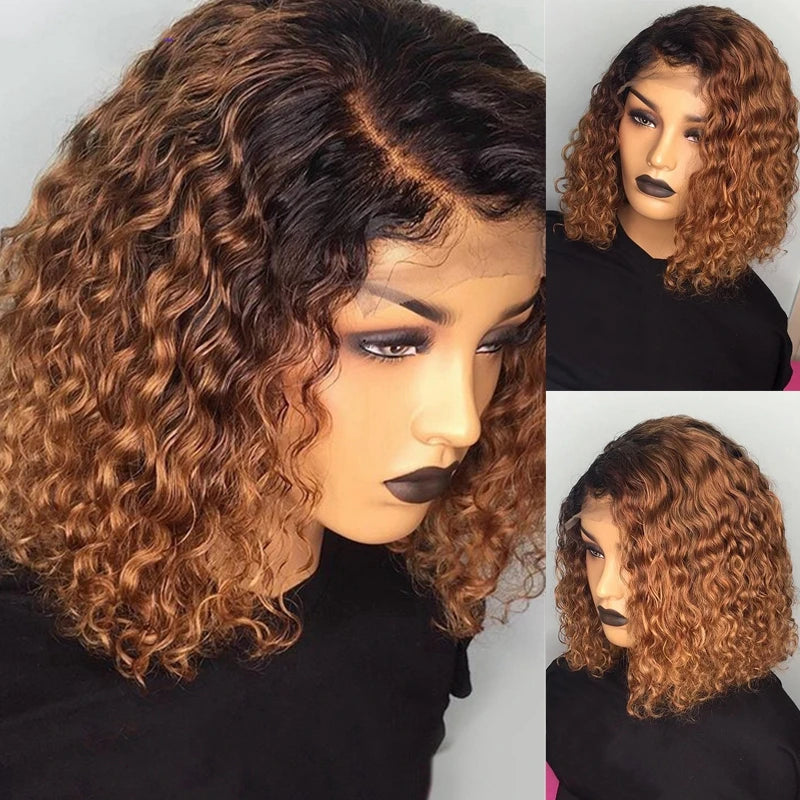 1B/27 Ombre Color Short Curly 13X6 Lace Front Human Hair Wigs With Baby Hair Pre Plucked Remy Brazilian Bob Wigs Bleached Knots