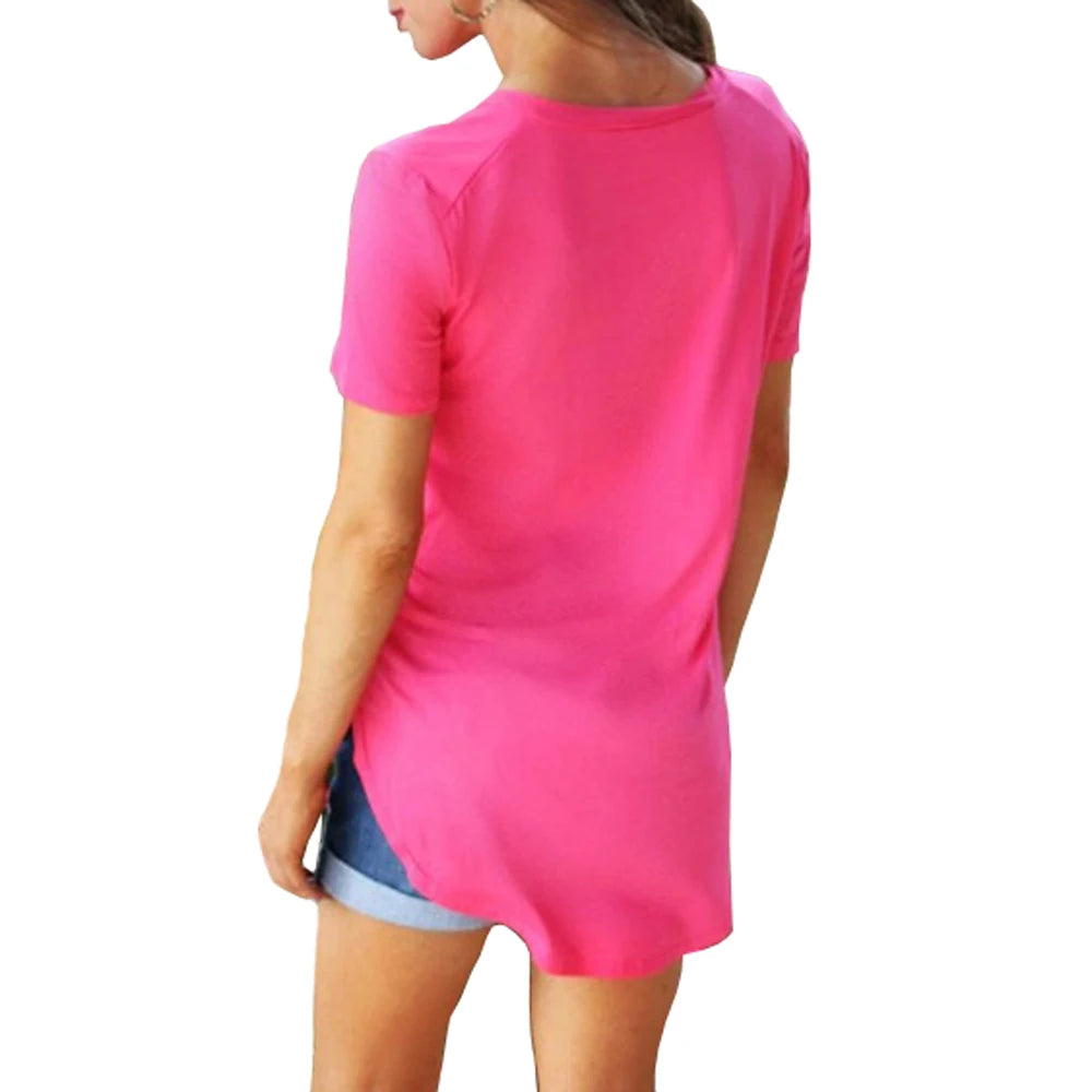 Women Summer V Neck Short Sleeve T shirt Loose T Shirts Female Plus Size Long Style Tops