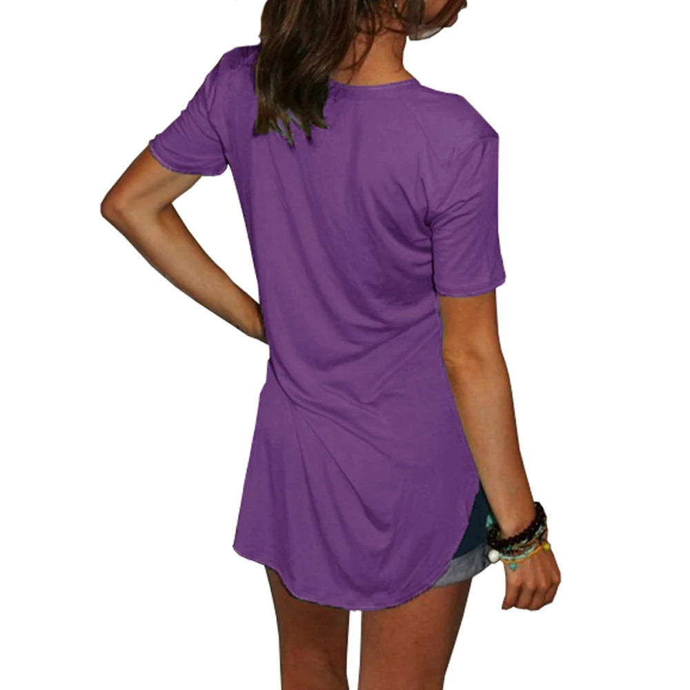 Women Summer V Neck Short Sleeve T shirt Loose T Shirts Female Plus Size Long Style Tops
