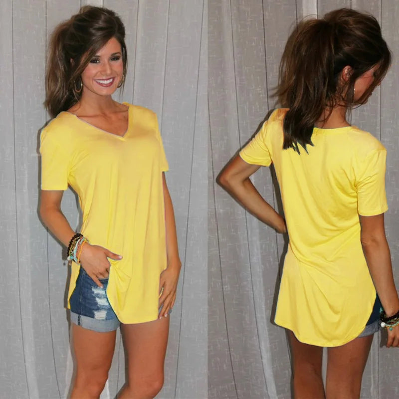 Women Summer V Neck Short Sleeve T shirt Loose T Shirts Female Plus Size Long Style Tops