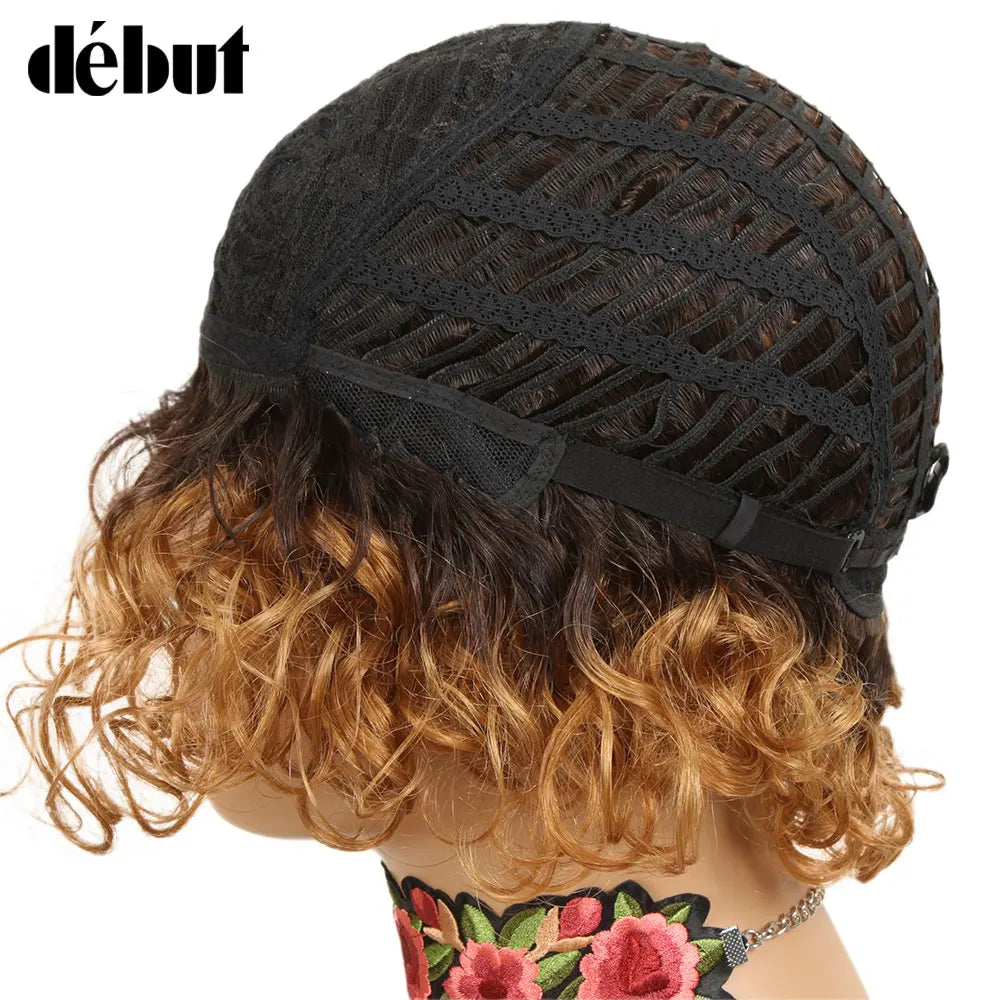 Ombre Short Curly Human Hair Wigs Remy Short Bob Wigs 100% Human Hair Cheap Pixie Cut Human Hair Full Wigs