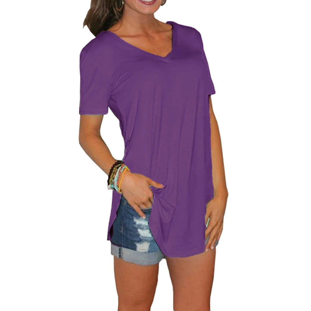 Women Summer V Neck Short Sleeve T shirt Loose T Shirts Female Plus Size Long Style Tops