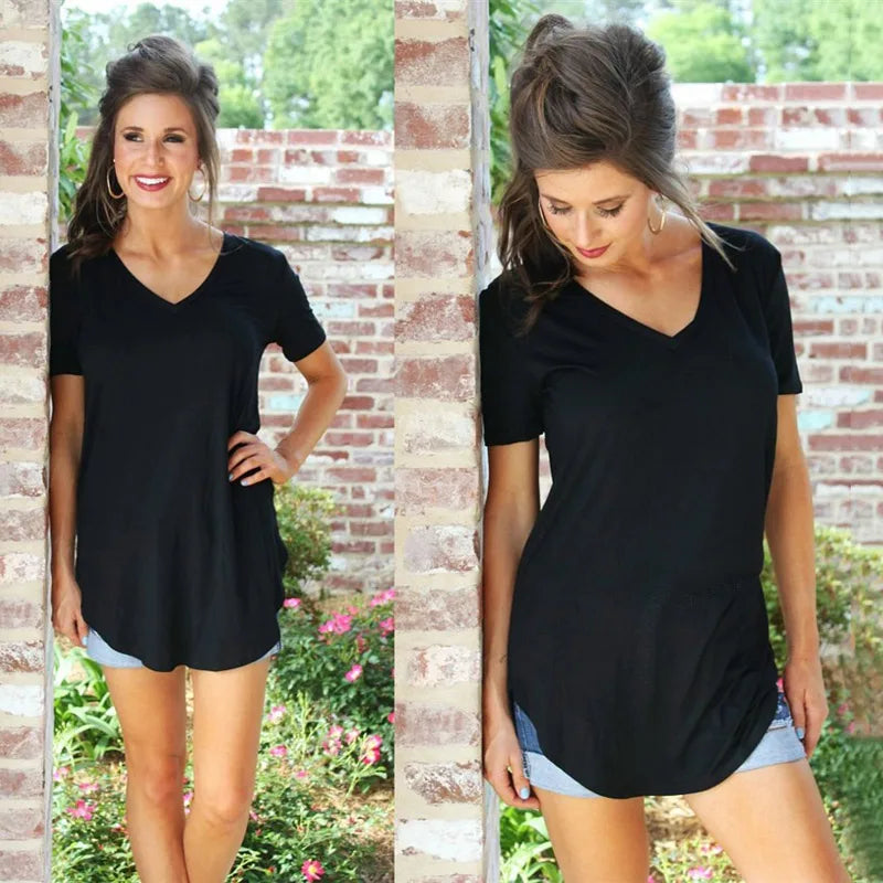 Women Summer V Neck Short Sleeve T shirt Loose T Shirts Female Plus Size Long Style Tops