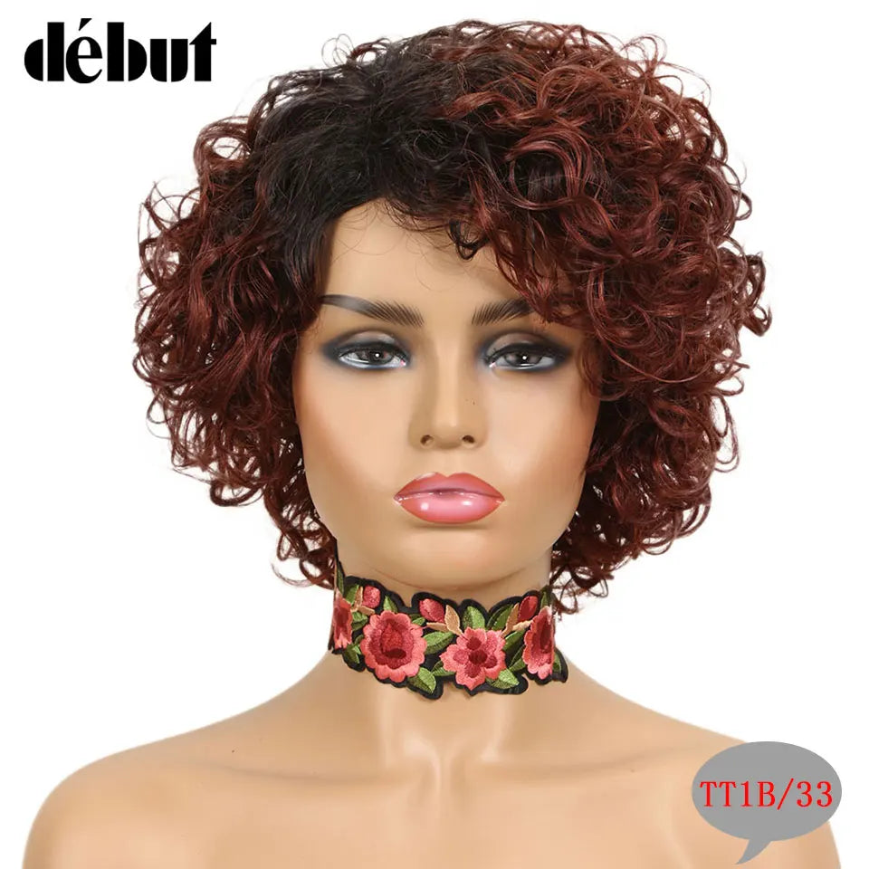 Ombre Short Curly Human Hair Wigs Remy Short Bob Wigs 100% Human Hair Cheap Pixie Cut Human Hair Full Wigs