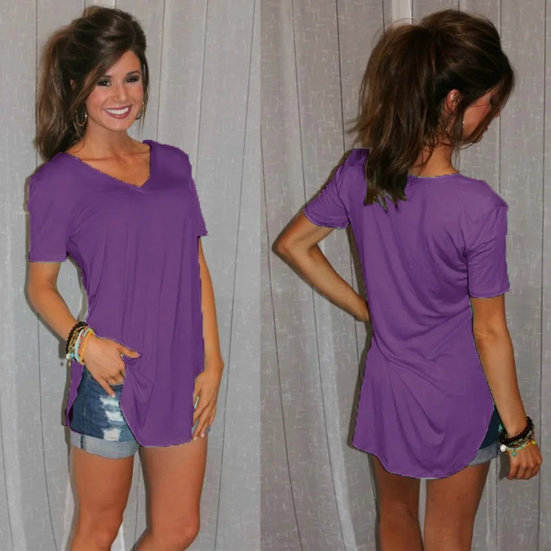 Women Summer V Neck Short Sleeve T shirt Loose T Shirts Female Plus Size Long Style Tops