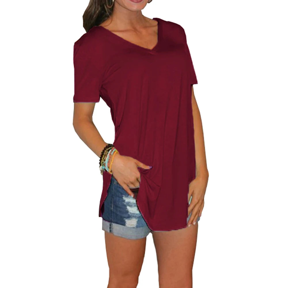 Women Summer V Neck Short Sleeve T shirt Loose T Shirts Female Plus Size Long Style Tops