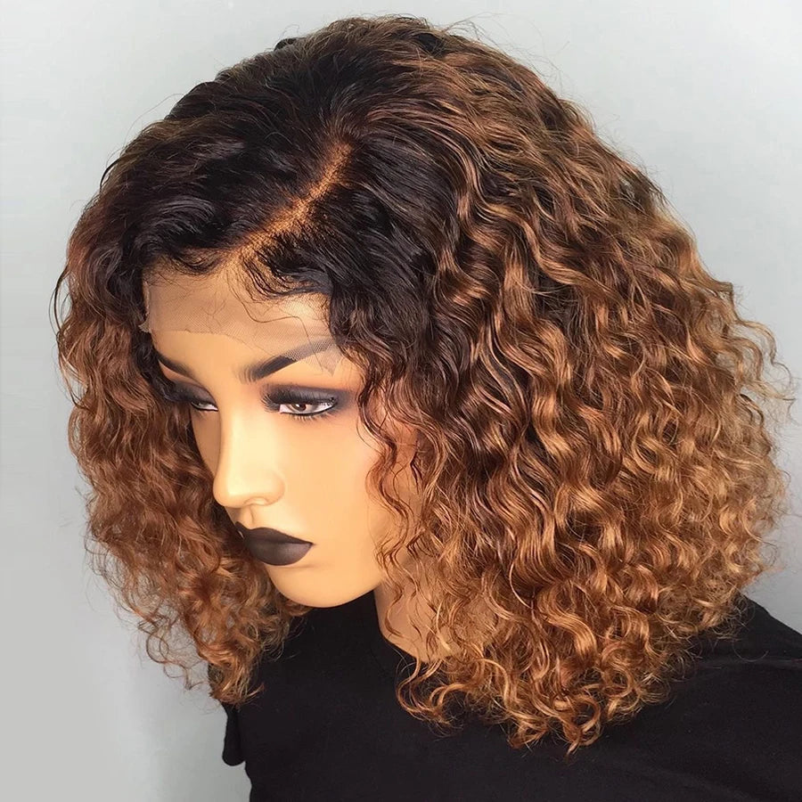 1B/27 Ombre Color Short Curly 13X6 Lace Front Human Hair Wigs With Baby Hair Pre Plucked Remy Brazilian Bob Wigs Bleached Knots