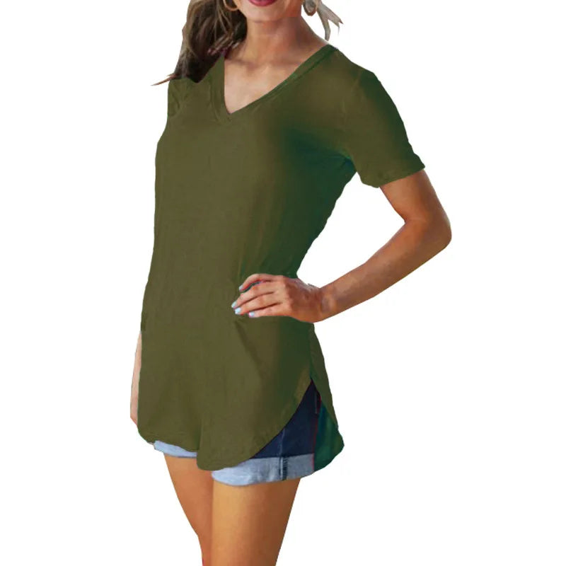 Women Summer V Neck Short Sleeve T shirt Loose T Shirts Female Plus Size Long Style Tops