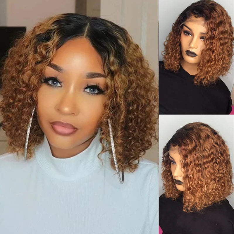 1B/27 Ombre Color Short Curly 13X6 Lace Front Human Hair Wigs With Baby Hair Pre Plucked Remy Brazilian Bob Wigs Bleached Knots