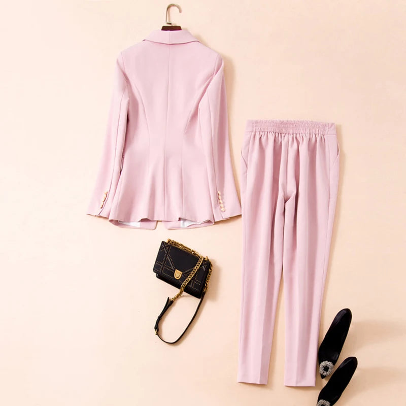 Designer Blazer Suit Set Women's Classic Shawl Collar Lion Buttons Double Breasted Blazer Pants Suit