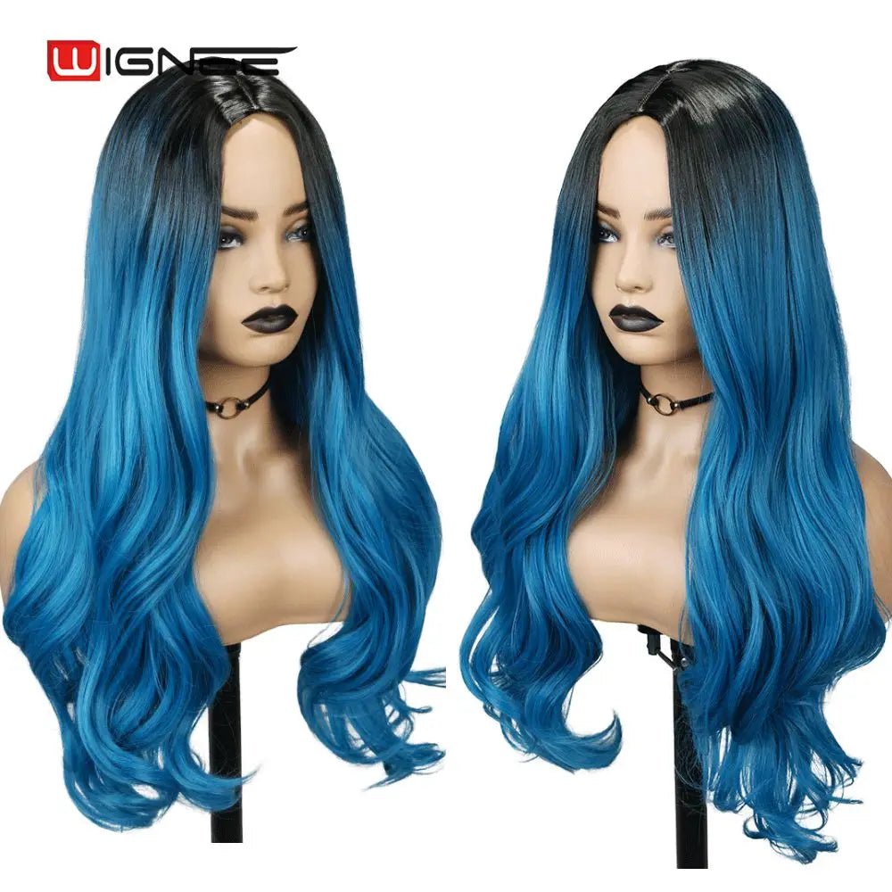 Light Blue Wig Synthetic Ombre Long Wavy Body Wave Side Part Heat Resistant Natural Hair Wigs