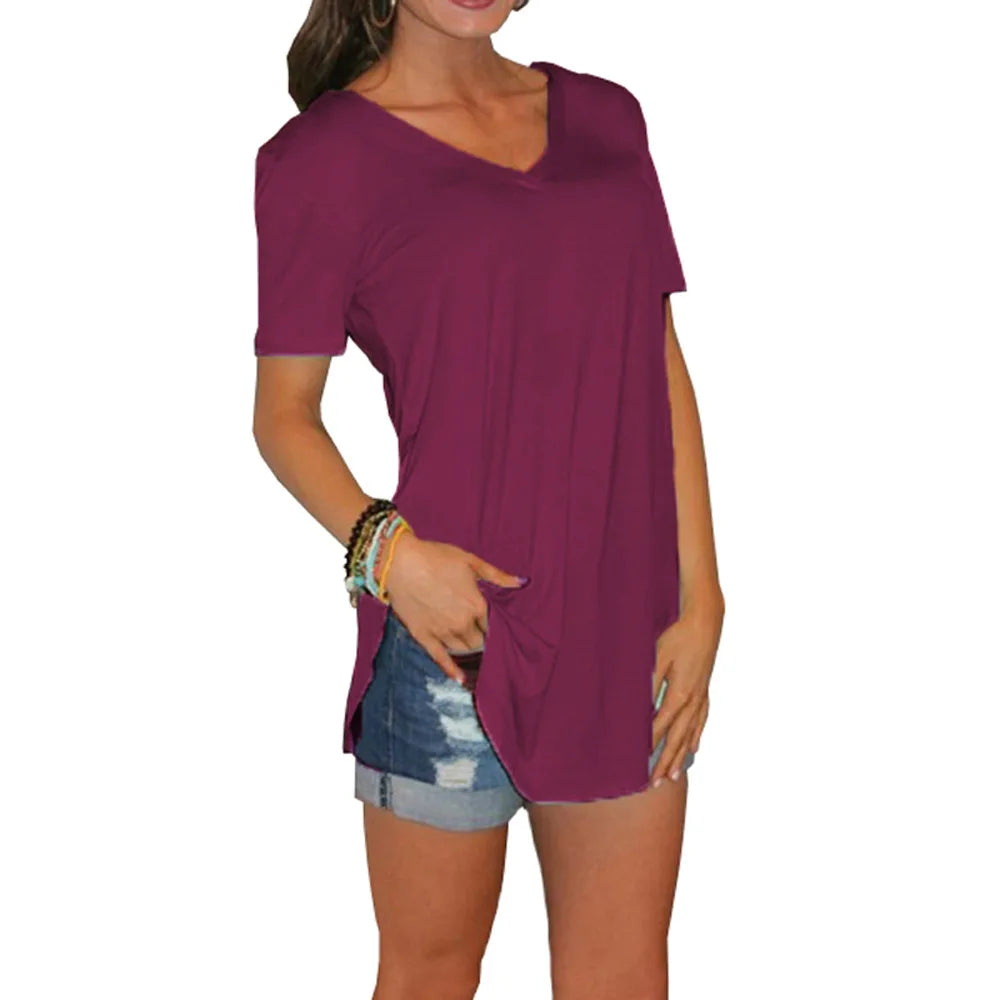 Women Summer V Neck Short Sleeve T shirt Loose T Shirts Female Plus Size Long Style Tops