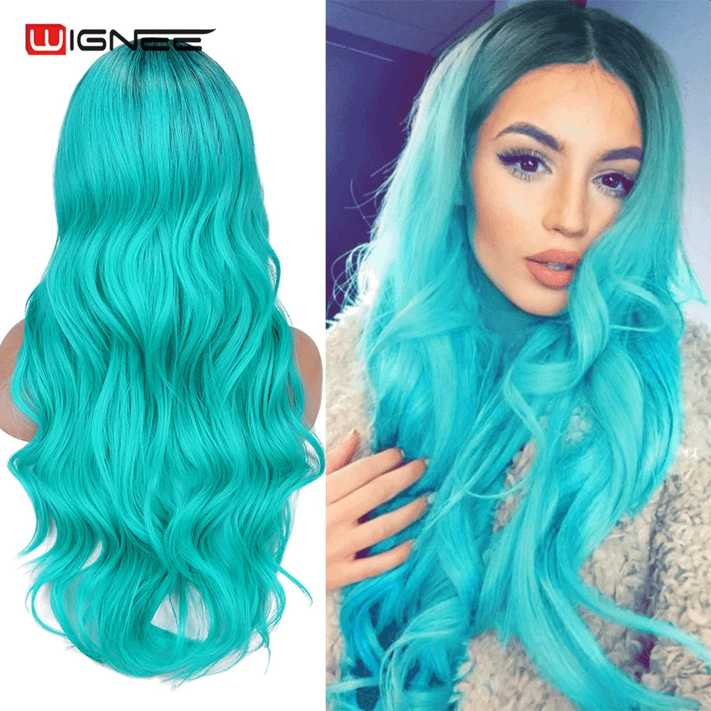 Light Blue Wig Synthetic Ombre Long Wavy Body Wave Side Part Heat Resistant Natural Hair Wigs