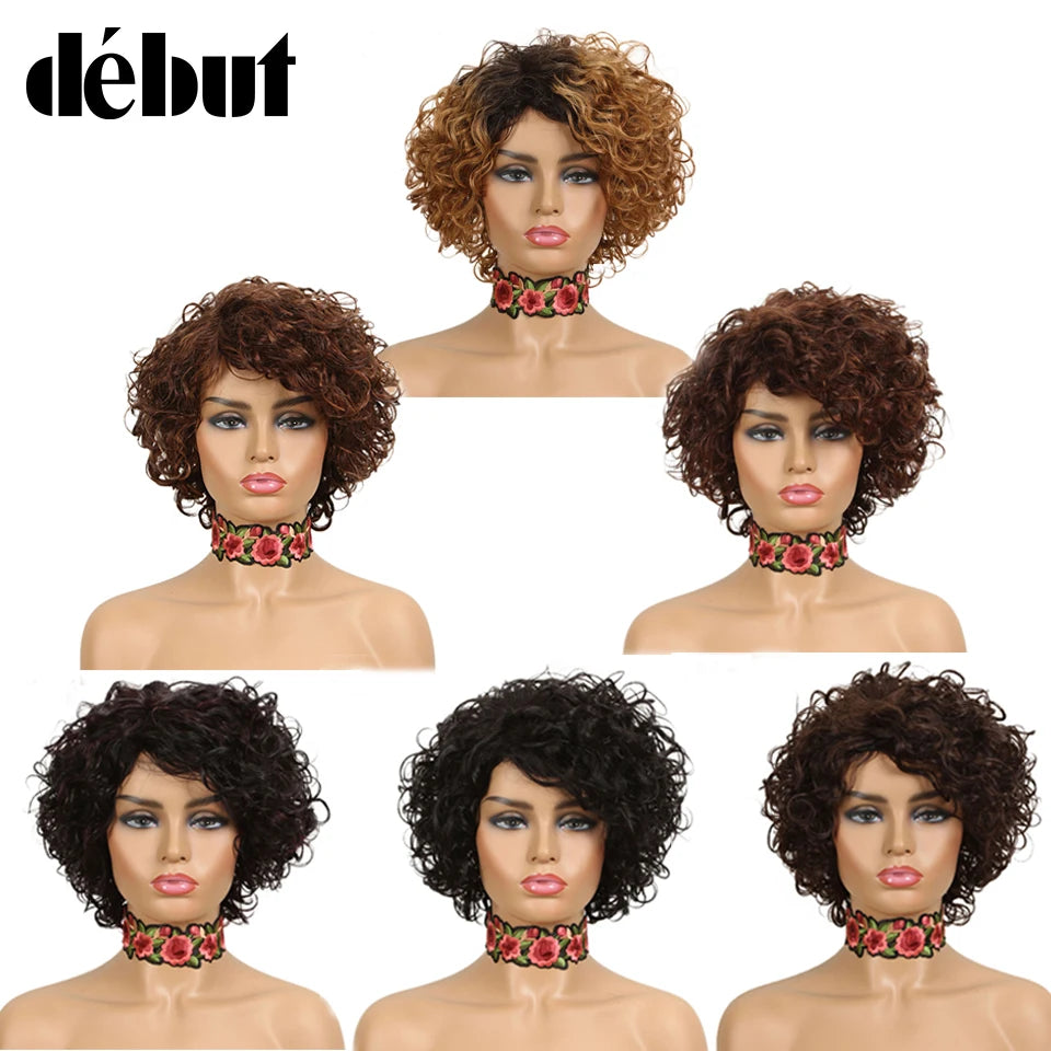 Ombre Short Curly Human Hair Wigs Remy Short Bob Wigs 100% Human Hair Cheap Pixie Cut Human Hair Full Wigs