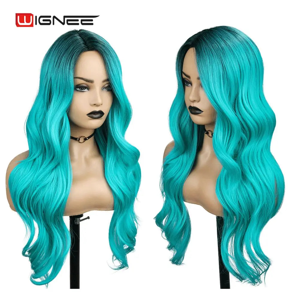 Light Blue Wig Synthetic Ombre Long Wavy Body Wave Side Part Heat Resistant Natural Hair Wigs