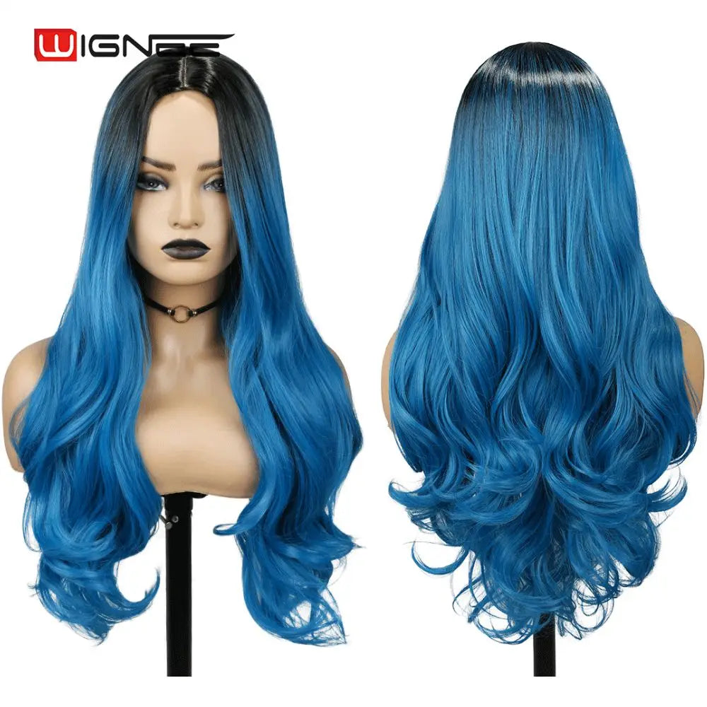 Light Blue Wig Synthetic Ombre Long Wavy Body Wave Side Part Heat Resistant Natural Hair Wigs